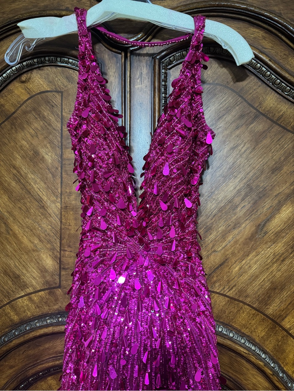 Sherri Hill Fuchsia Sequin Backless Gown with Thigh Slit
